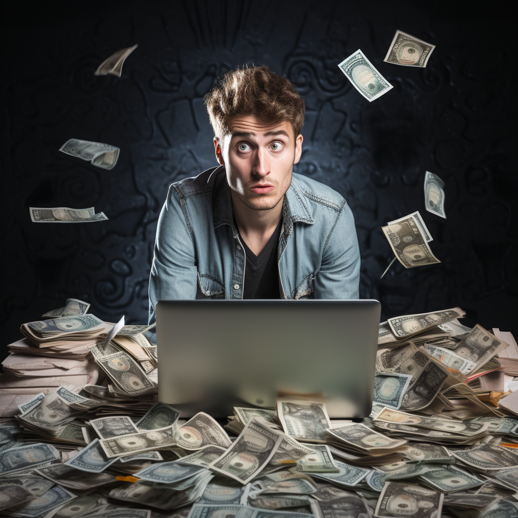 A man with a laptop surrounded by dollar bills.